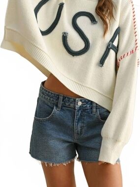 Miou Muse USA Patriotic Rope Sweater Womens Large White